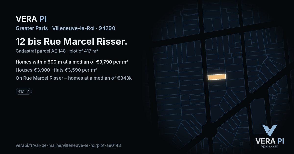 12 bis Rue Marcel Risser, Villeneuve-le-Roi at night – the plot lit, the parcels around coloured by the prices near them