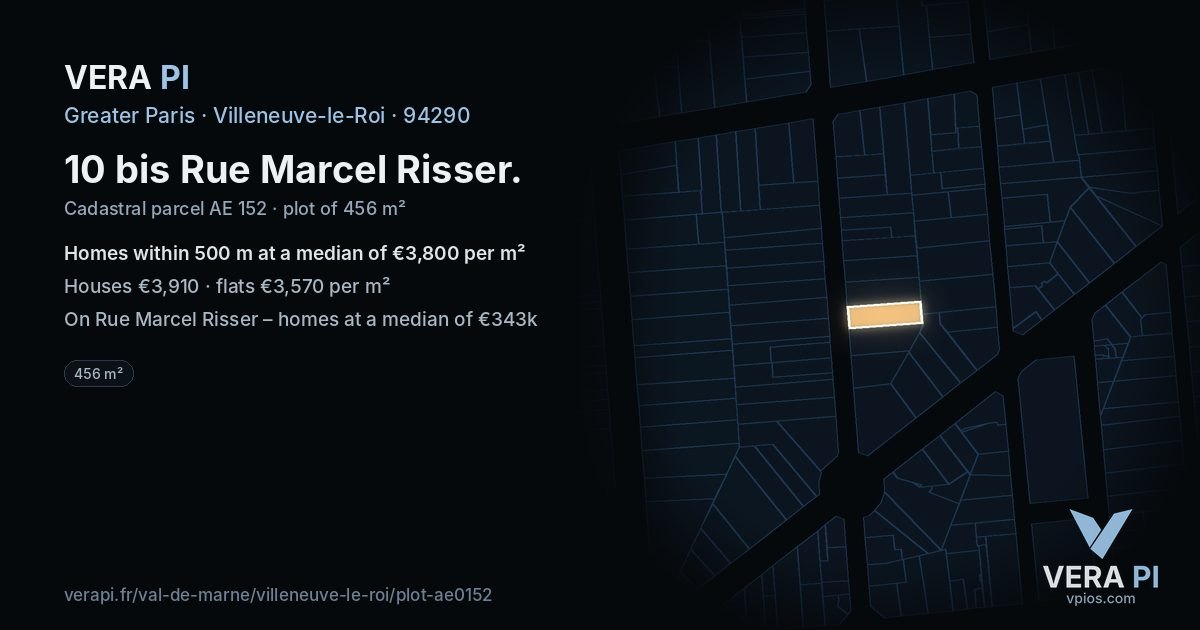 10 bis Rue Marcel Risser, Villeneuve-le-Roi at night – the plot lit, the parcels around coloured by the prices near them