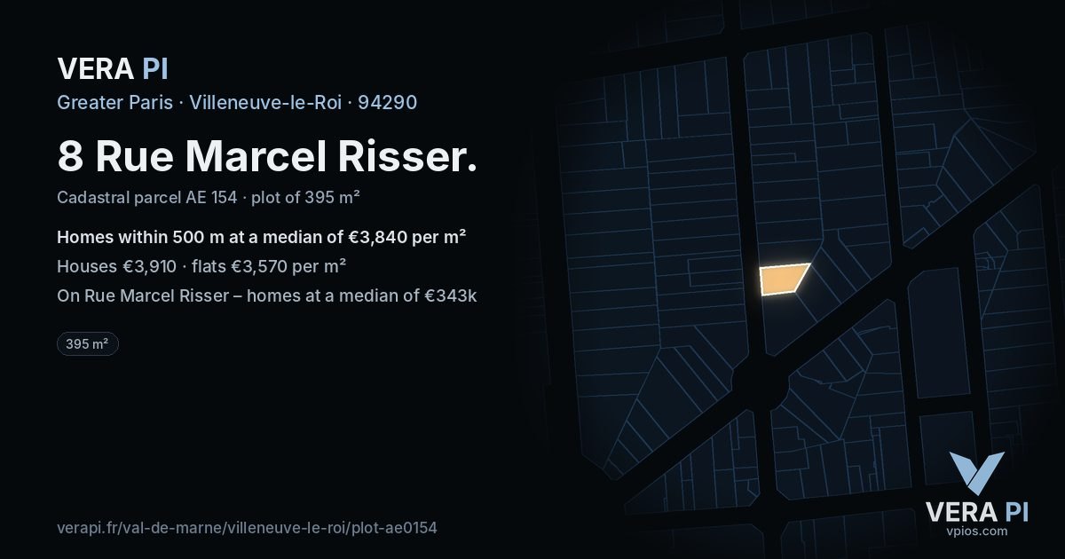 8 Rue Marcel Risser, Villeneuve-le-Roi at night – the plot lit, the parcels around coloured by the prices near them