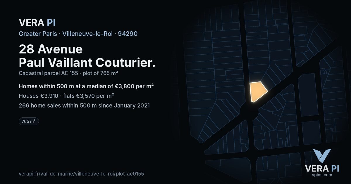 28 Avenue Paul Vaillant Couturier, Villeneuve-le-Roi at night – the plot lit, the parcels around coloured by the prices near them
