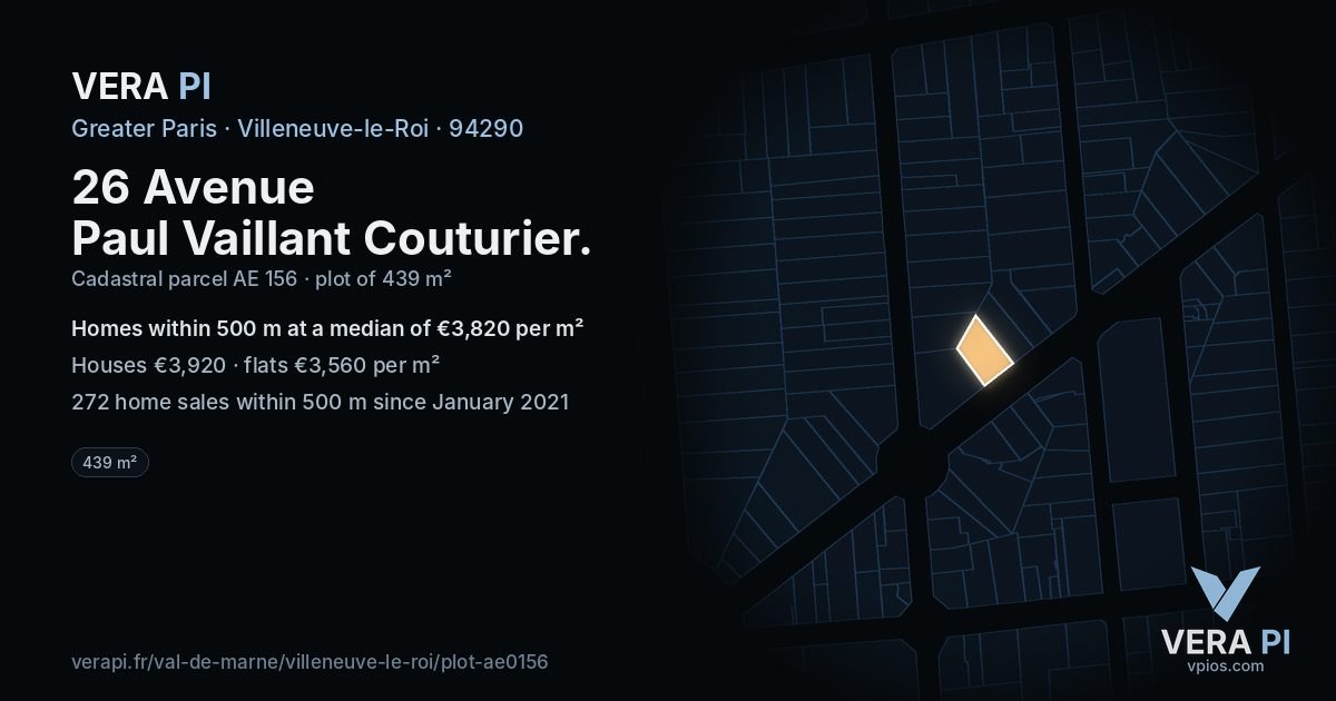 26 Avenue Paul Vaillant Couturier, Villeneuve-le-Roi at night – the plot lit, the parcels around coloured by the prices near them