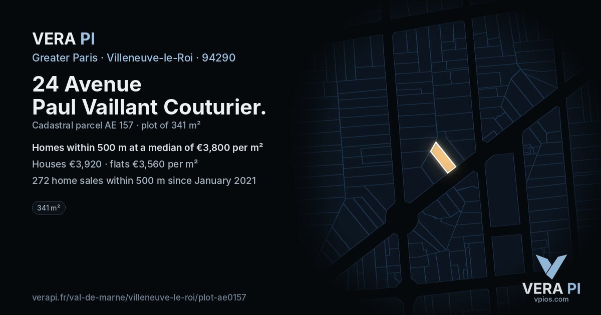 24 Avenue Paul Vaillant Couturier, Villeneuve-le-Roi at night – the plot lit, the parcels around coloured by the prices near them