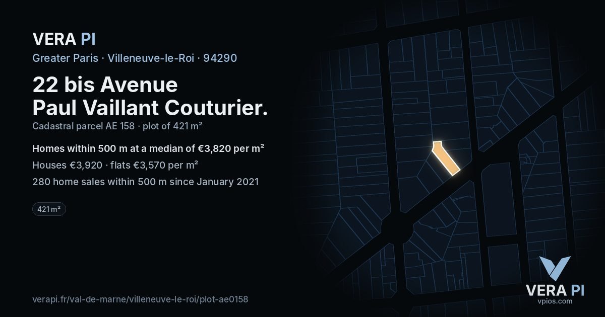 22 bis Avenue Paul Vaillant Couturier, Villeneuve-le-Roi at night – the plot lit, the parcels around coloured by the prices near them