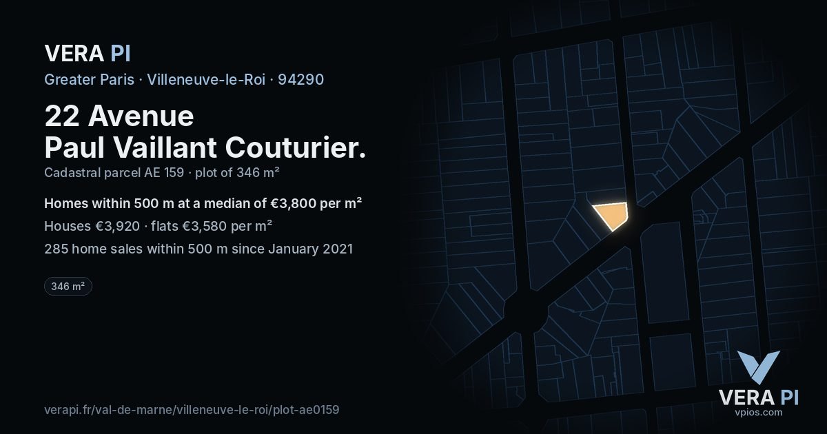 22 Avenue Paul Vaillant Couturier, Villeneuve-le-Roi at night – the plot lit, the parcels around coloured by the prices near them