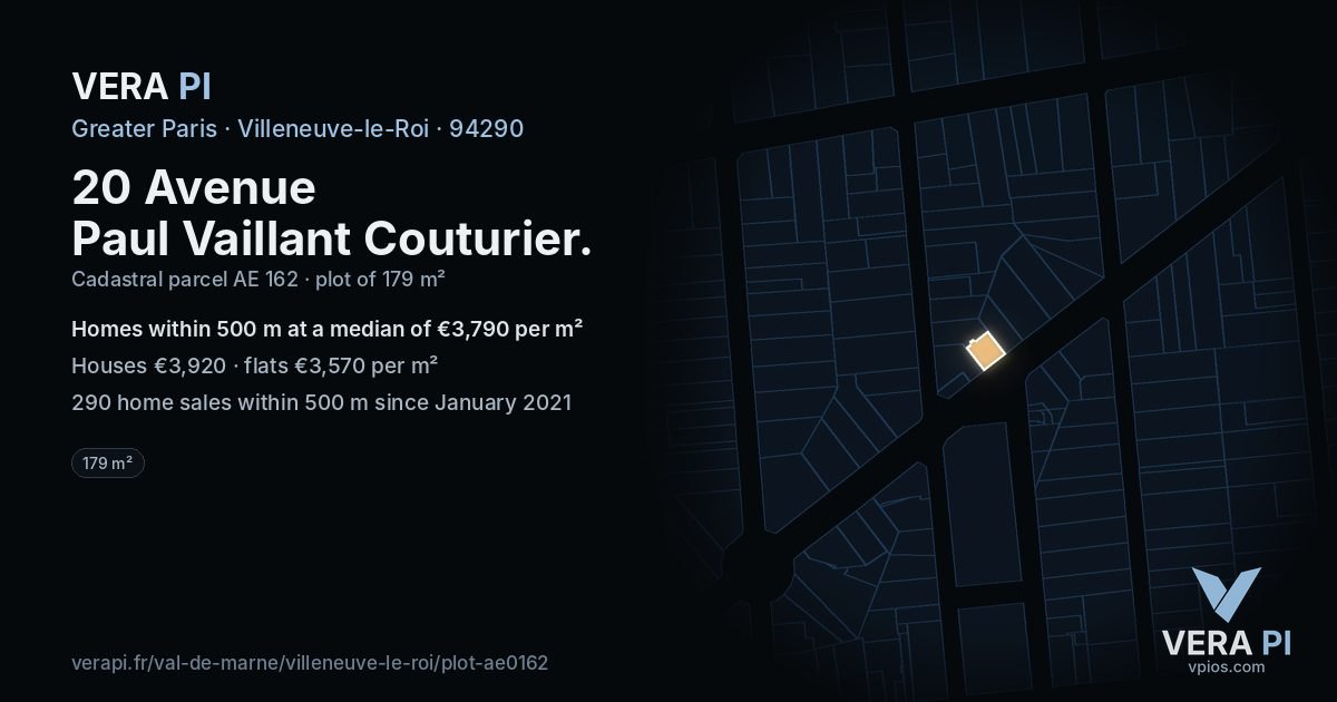 20 Avenue Paul Vaillant Couturier, Villeneuve-le-Roi at night – the plot lit, the parcels around coloured by the prices near them