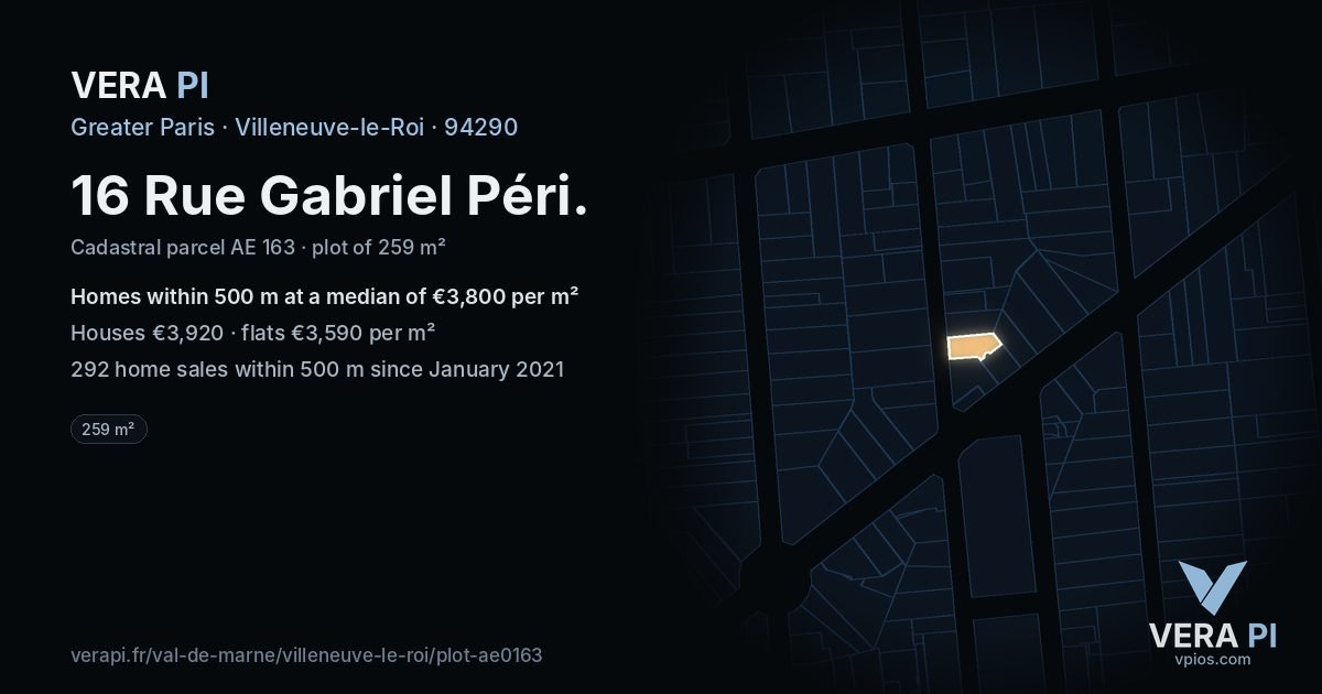 16 Rue Gabriel Péri, Villeneuve-le-Roi at night – the plot lit, the parcels around coloured by the prices near them