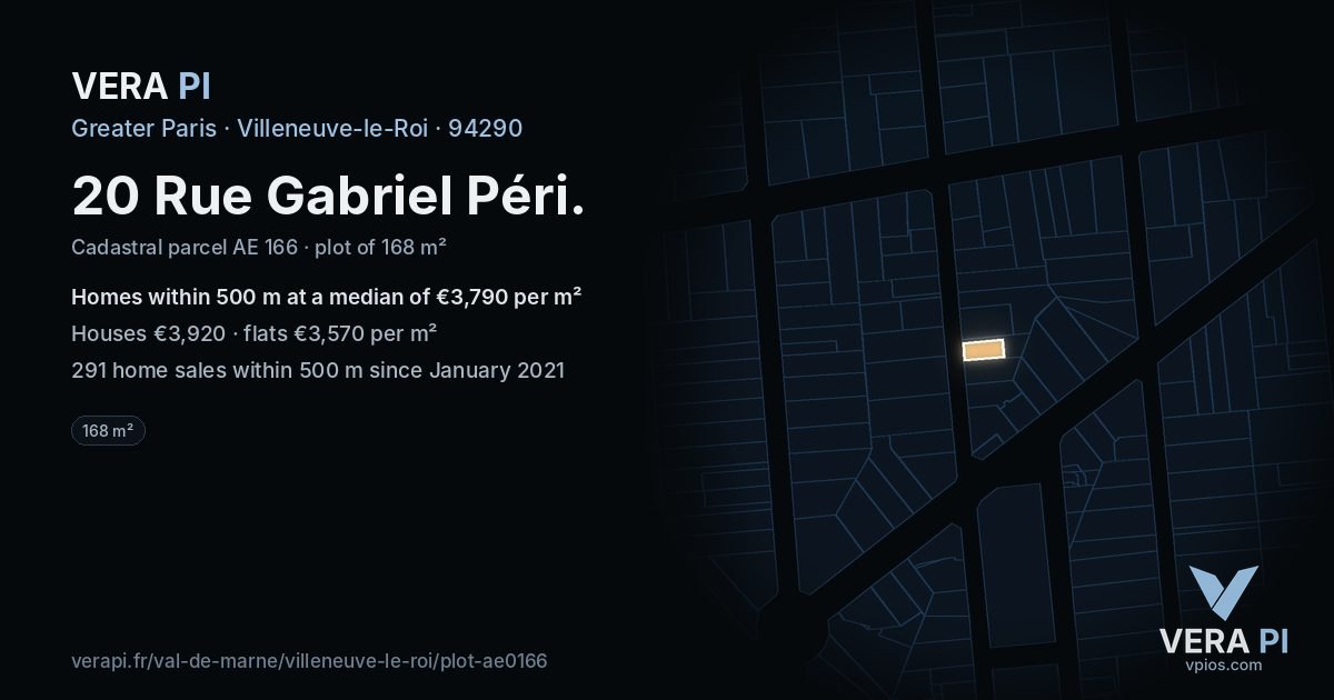 20 Rue Gabriel Péri, Villeneuve-le-Roi at night – the plot lit, the parcels around coloured by the prices near them