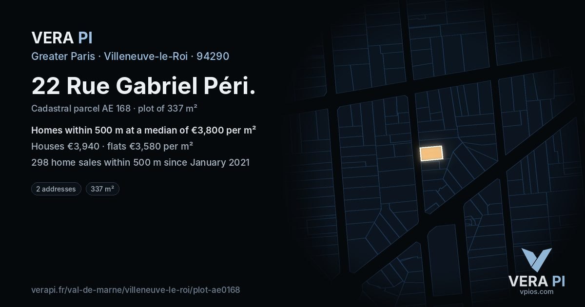22 Rue Gabriel Péri, Villeneuve-le-Roi at night – the plot lit, the parcels around coloured by the prices near them