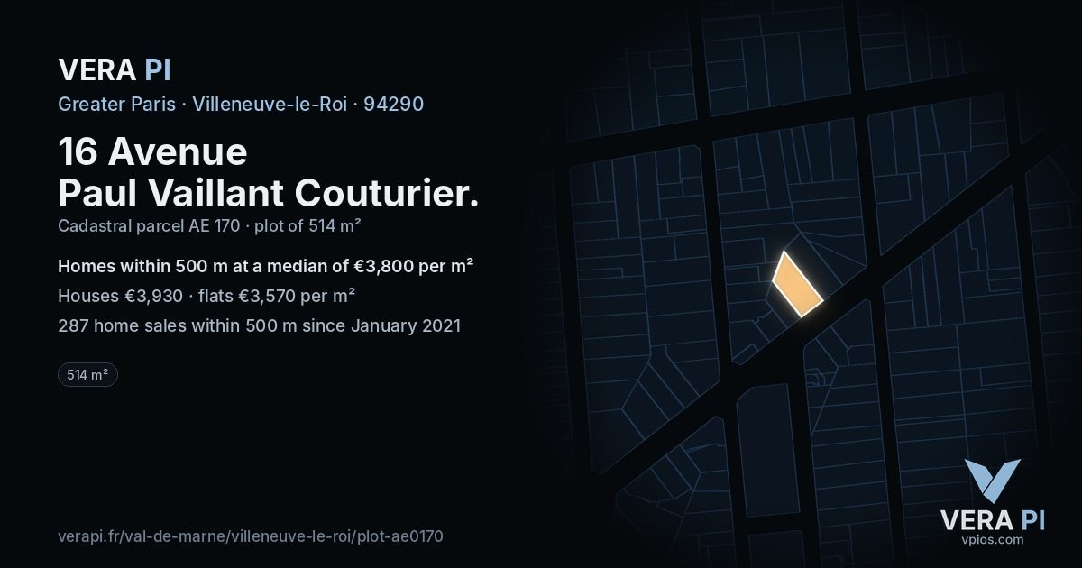 16 Avenue Paul Vaillant Couturier, Villeneuve-le-Roi at night – the plot lit, the parcels around coloured by the prices near them