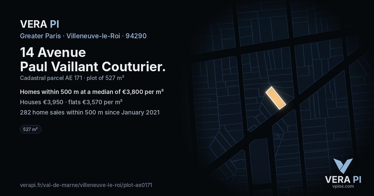 14 Avenue Paul Vaillant Couturier, Villeneuve-le-Roi at night – the plot lit, the parcels around coloured by the prices near them