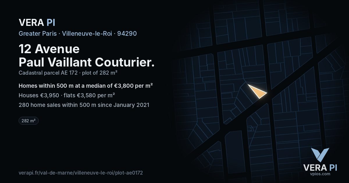 12 Avenue Paul Vaillant Couturier, Villeneuve-le-Roi at night – the plot lit, the parcels around coloured by the prices near them