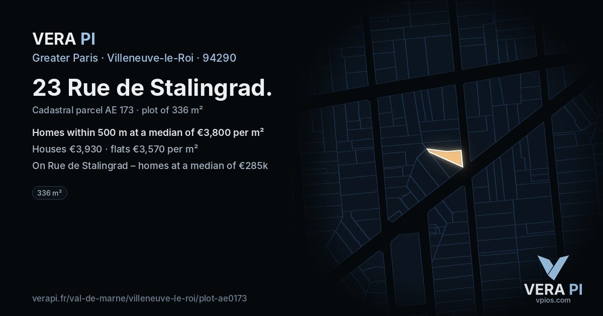23 Rue de Stalingrad, Villeneuve-le-Roi at night – the plot lit, the parcels around coloured by the prices near them