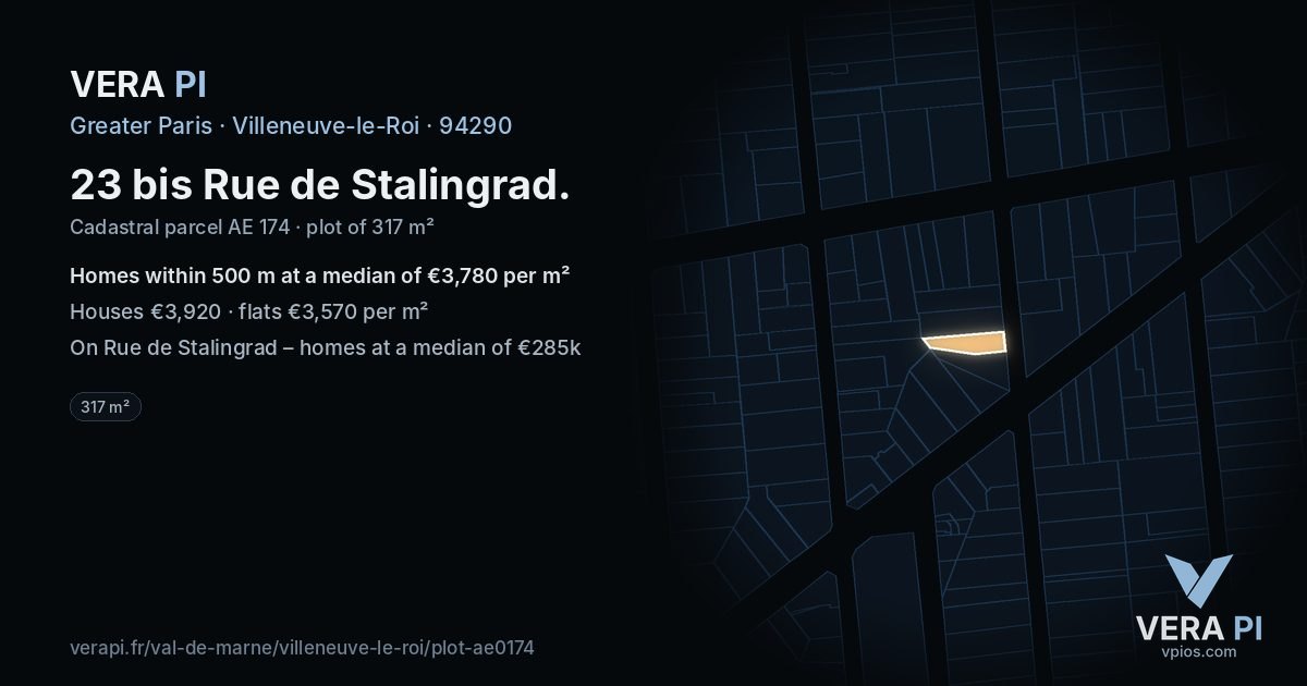 23 bis Rue de Stalingrad, Villeneuve-le-Roi at night – the plot lit, the parcels around coloured by the prices near them
