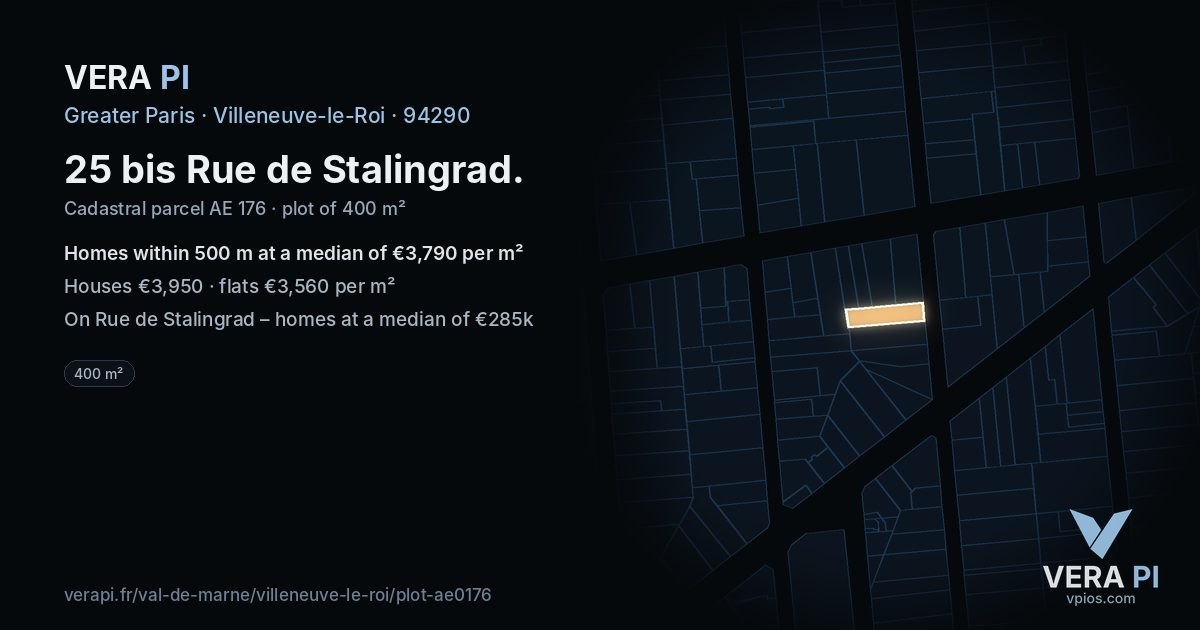 25 bis Rue de Stalingrad, Villeneuve-le-Roi at night – the plot lit, the parcels around coloured by the prices near them
