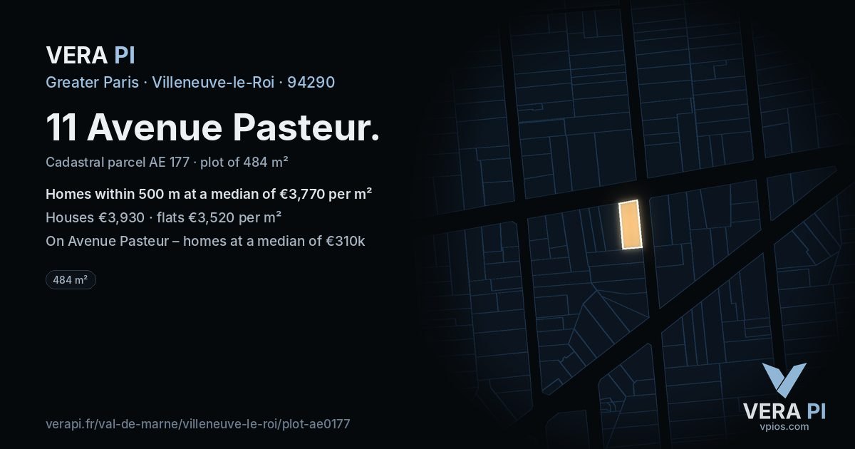 11 Avenue Pasteur, Villeneuve-le-Roi at night – the plot lit, the parcels around coloured by the prices near them