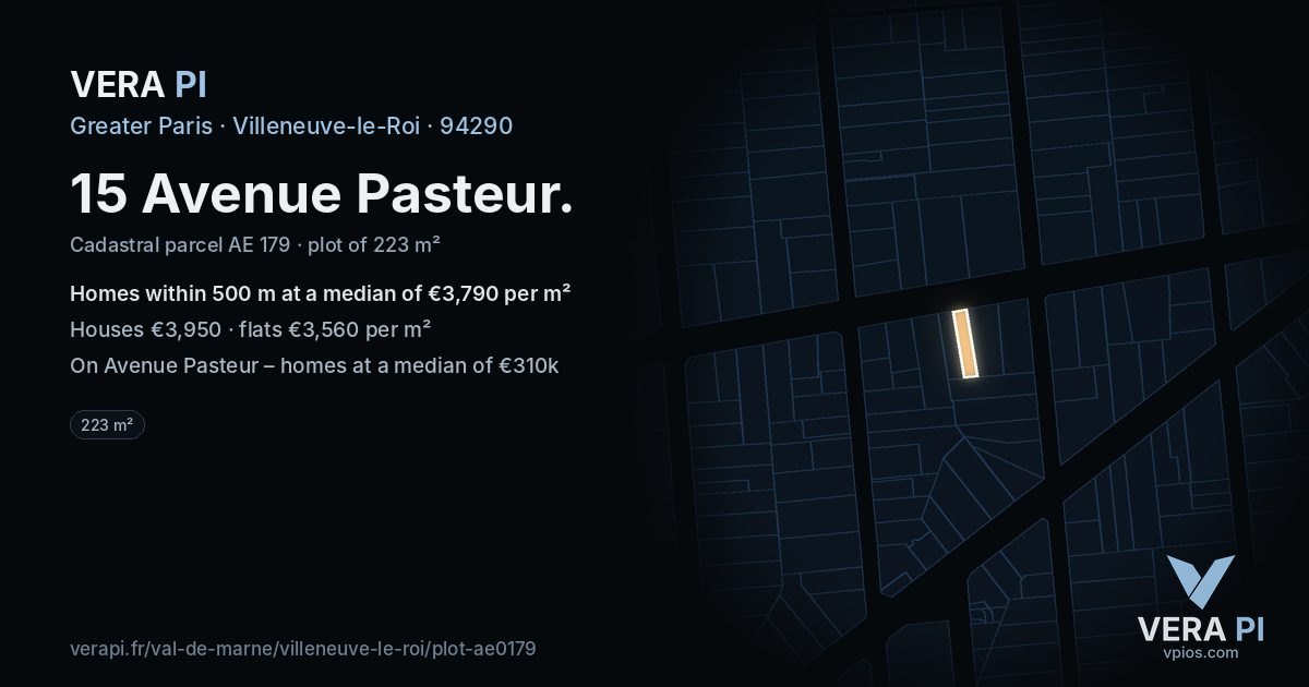 15 Avenue Pasteur, Villeneuve-le-Roi at night – the plot lit, the parcels around coloured by the prices near them