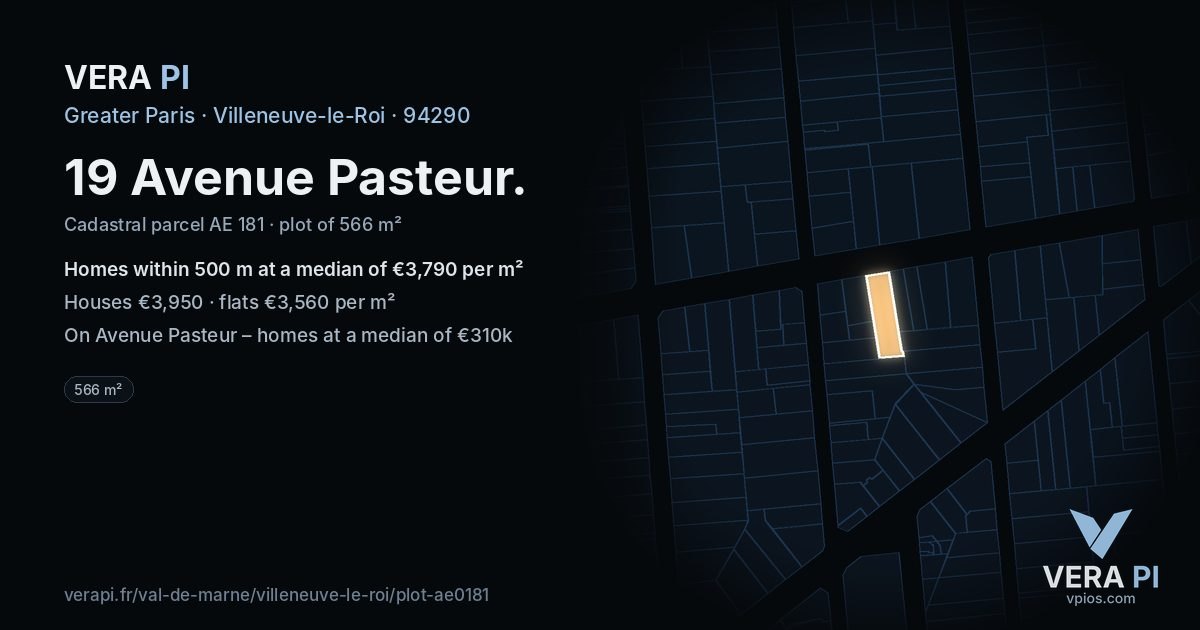 19 Avenue Pasteur, Villeneuve-le-Roi at night – the plot lit, the parcels around coloured by the prices near them