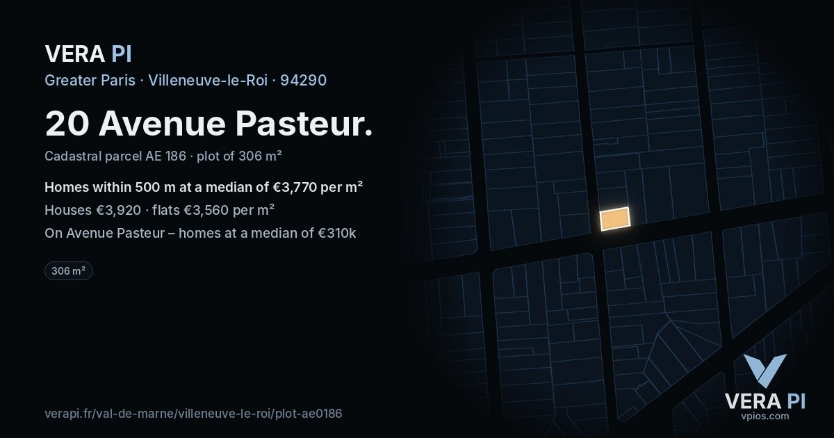 20 Avenue Pasteur, Villeneuve-le-Roi at night – the plot lit, the parcels around coloured by the prices near them