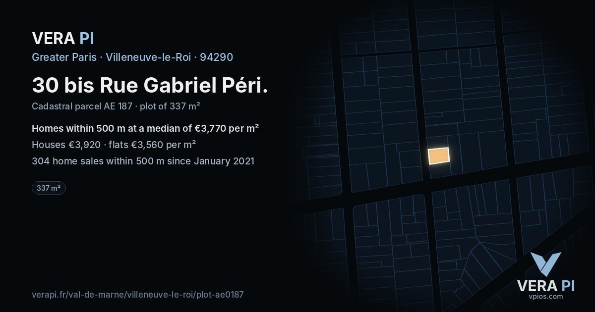 30 bis Rue Gabriel Péri, Villeneuve-le-Roi at night – the plot lit, the parcels around coloured by the prices near them
