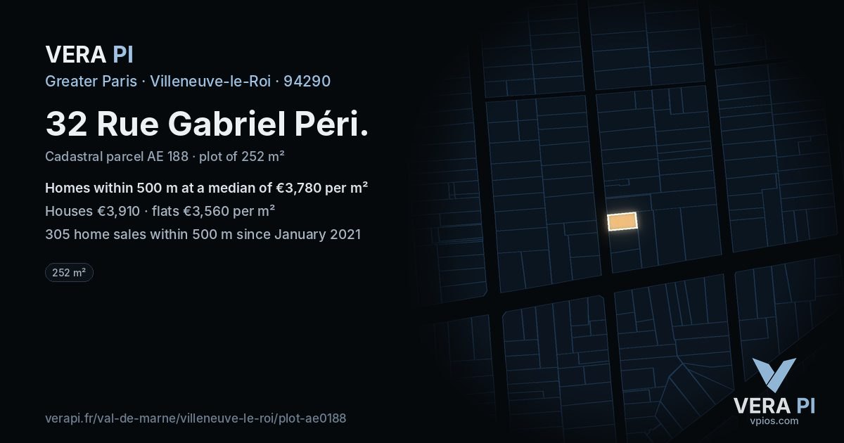 32 Rue Gabriel Péri, Villeneuve-le-Roi at night – the plot lit, the parcels around coloured by the prices near them