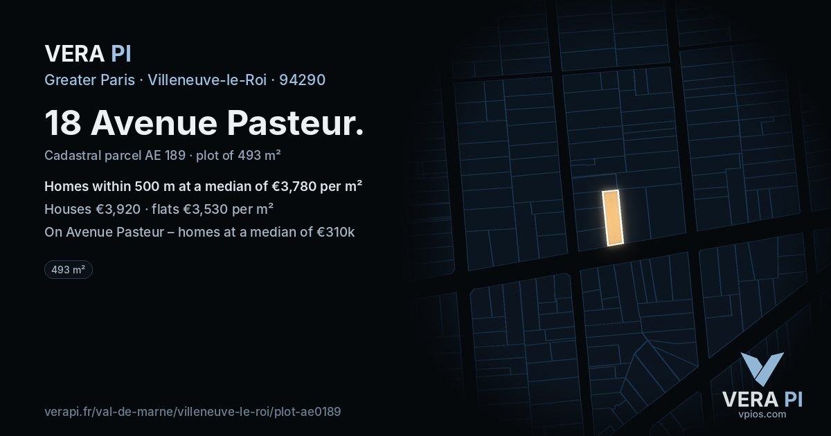 18 Avenue Pasteur, Villeneuve-le-Roi at night – the plot lit, the parcels around coloured by the prices near them