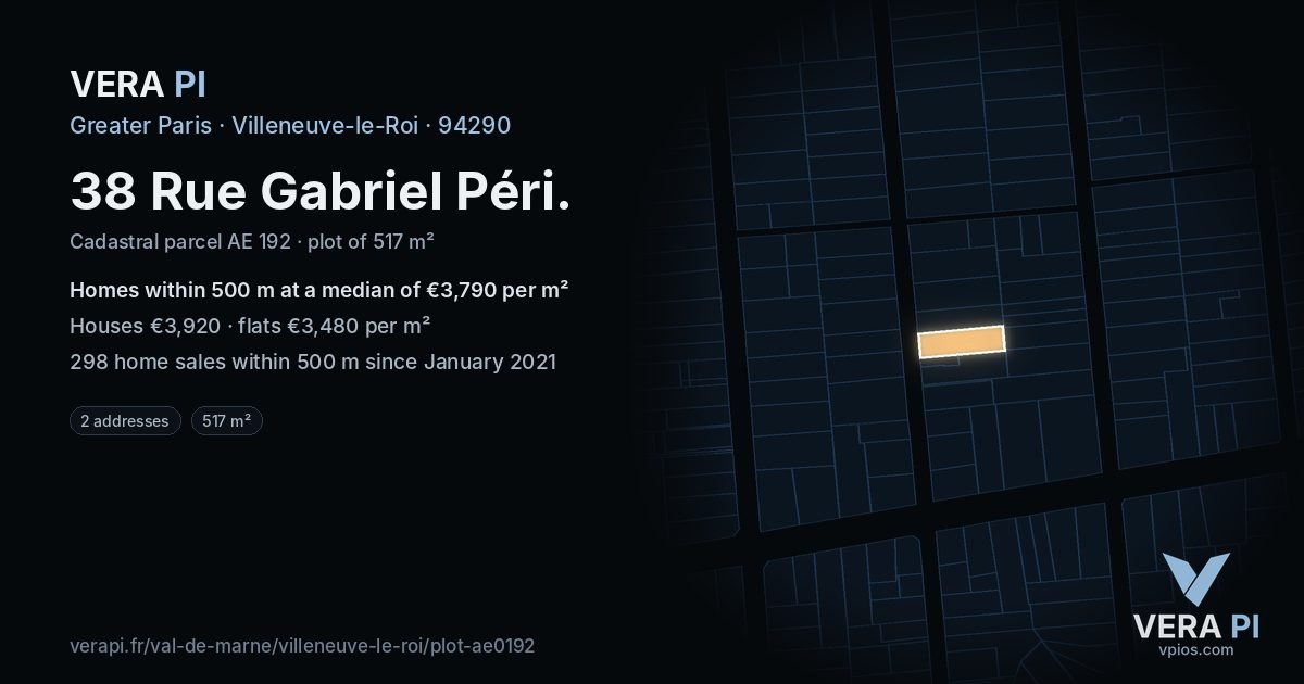 38 Rue Gabriel Péri, Villeneuve-le-Roi at night – the plot lit, the parcels around coloured by the prices near them