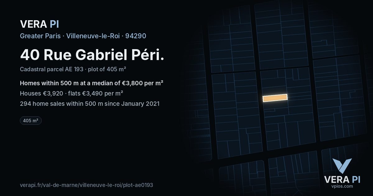 40 Rue Gabriel Péri, Villeneuve-le-Roi at night – the plot lit, the parcels around coloured by the prices near them