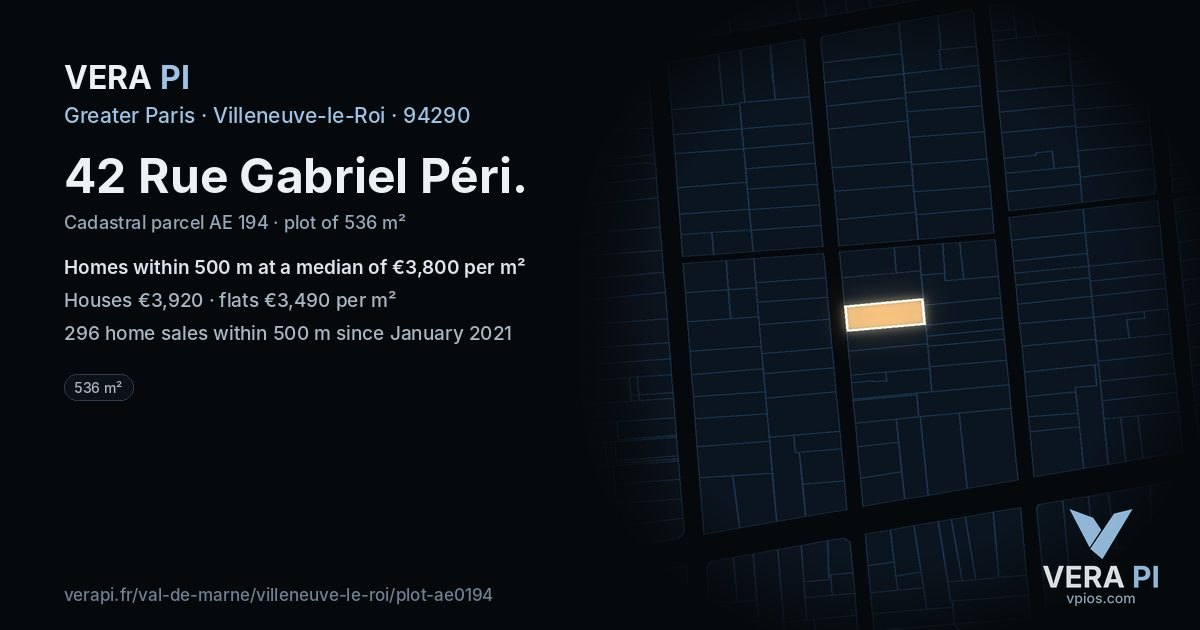 42 Rue Gabriel Péri, Villeneuve-le-Roi at night – the plot lit, the parcels around coloured by the prices near them