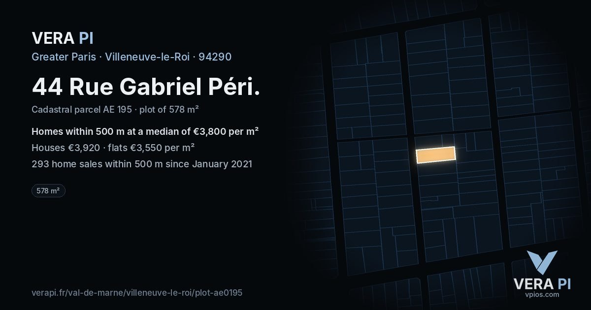 44 Rue Gabriel Péri, Villeneuve-le-Roi at night – the plot lit, the parcels around coloured by the prices near them