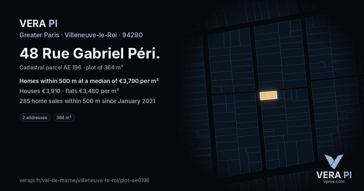 48 Rue Gabriel Péri, Villeneuve-le-Roi at night – the plot lit, the parcels around coloured by the prices near them
