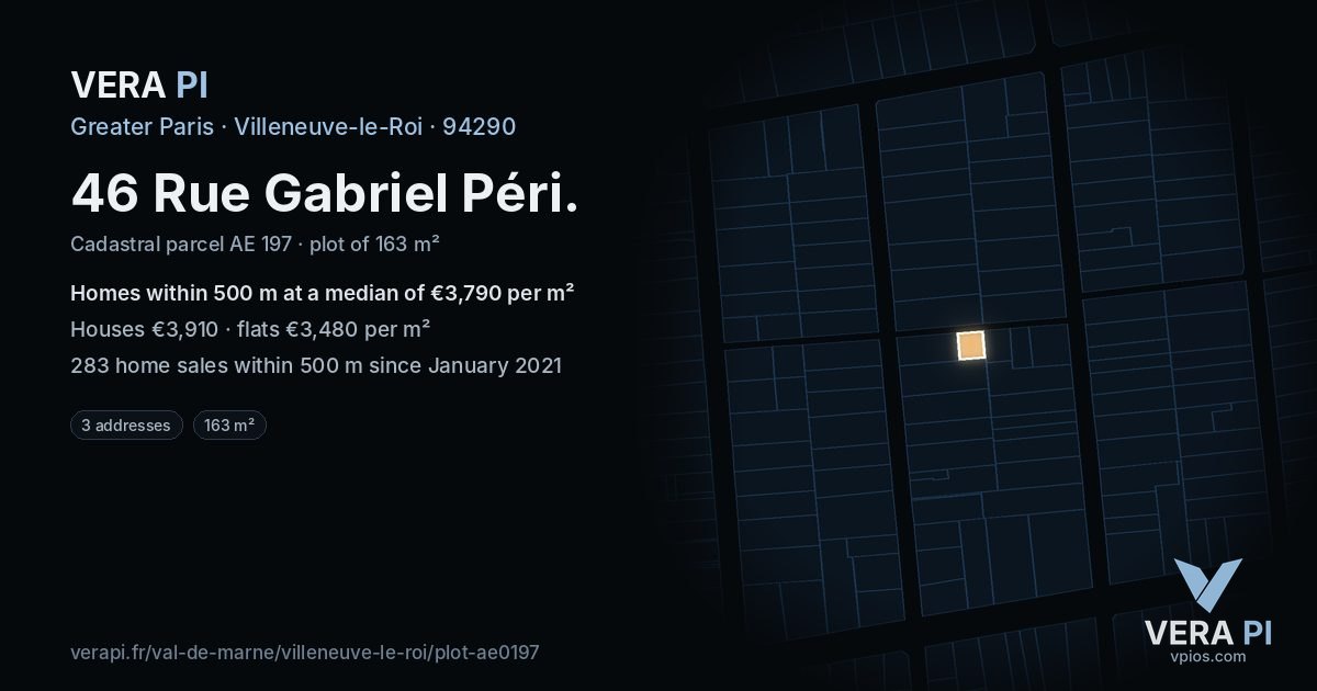46 Rue Gabriel Péri, Villeneuve-le-Roi at night – the plot lit, the parcels around coloured by the prices near them