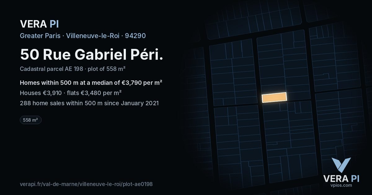 50 Rue Gabriel Péri, Villeneuve-le-Roi at night – the plot lit, the parcels around coloured by the prices near them