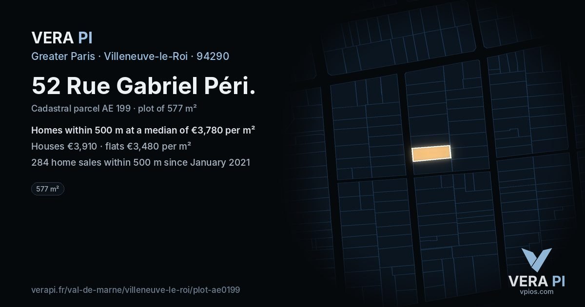 52 Rue Gabriel Péri, Villeneuve-le-Roi at night – the plot lit, the parcels around coloured by the prices near them