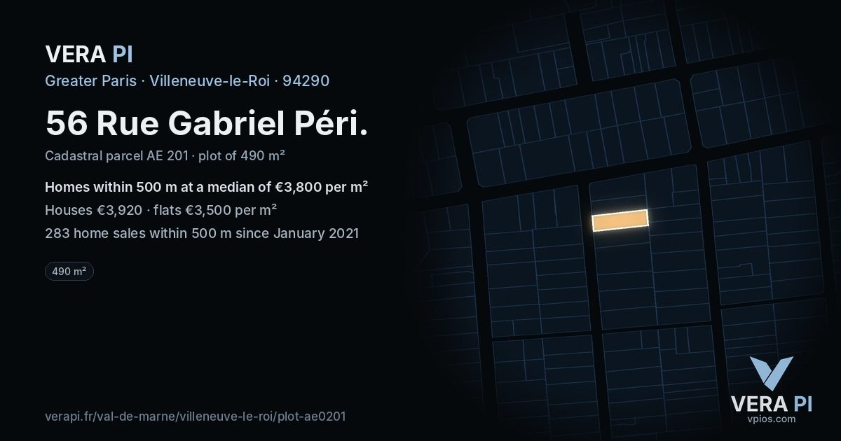 56 Rue Gabriel Péri, Villeneuve-le-Roi at night – the plot lit, the parcels around coloured by the prices near them
