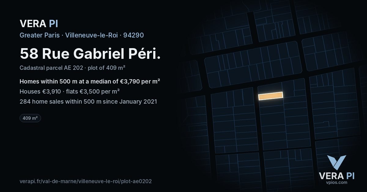 58 Rue Gabriel Péri, Villeneuve-le-Roi at night – the plot lit, the parcels around coloured by the prices near them