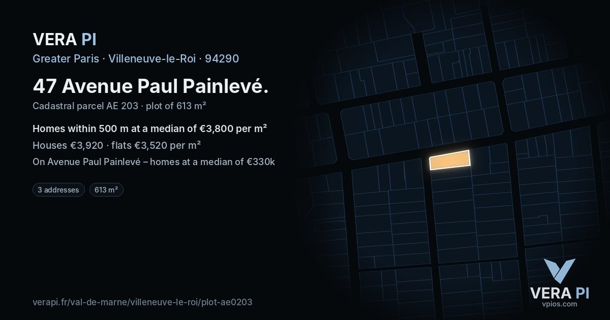 47 Avenue Paul Painlevé, Villeneuve-le-Roi at night – the plot lit, the parcels around coloured by the prices near them