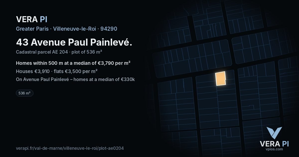 43 Avenue Paul Painlevé, Villeneuve-le-Roi at night – the plot lit, the parcels around coloured by the prices near them