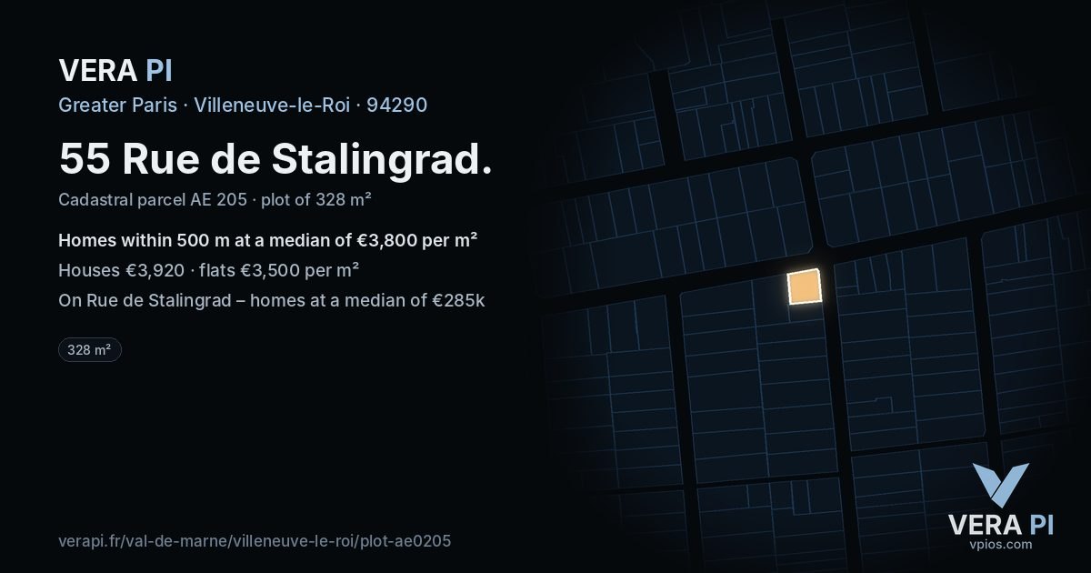55 Rue de Stalingrad, Villeneuve-le-Roi at night – the plot lit, the parcels around coloured by the prices near them
