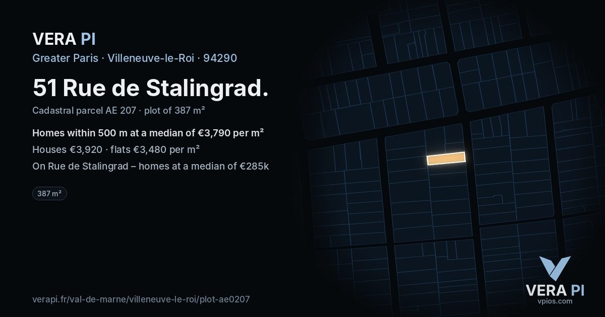 51 Rue de Stalingrad, Villeneuve-le-Roi at night – the plot lit, the parcels around coloured by the prices near them