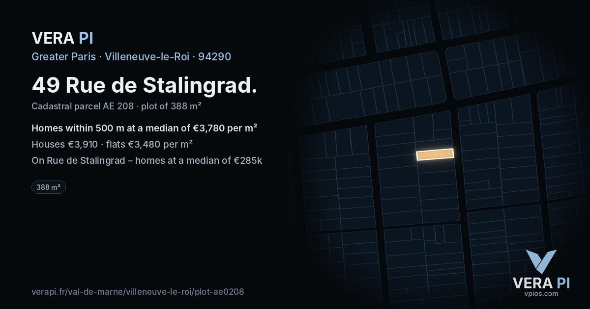 49 Rue de Stalingrad, Villeneuve-le-Roi at night – the plot lit, the parcels around coloured by the prices near them