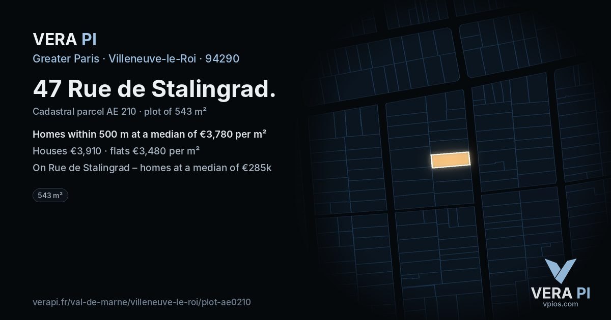 47 Rue de Stalingrad, Villeneuve-le-Roi at night – the plot lit, the parcels around coloured by the prices near them