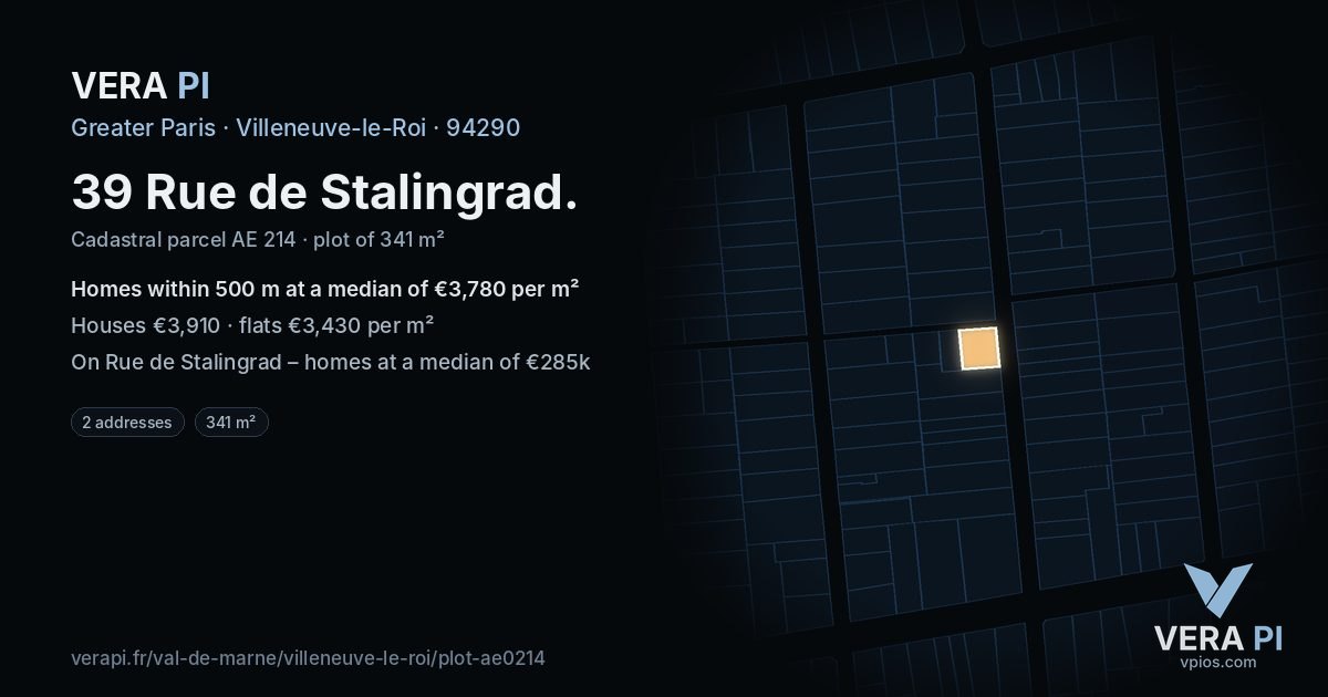 39 Rue de Stalingrad, Villeneuve-le-Roi at night – the plot lit, the parcels around coloured by the prices near them