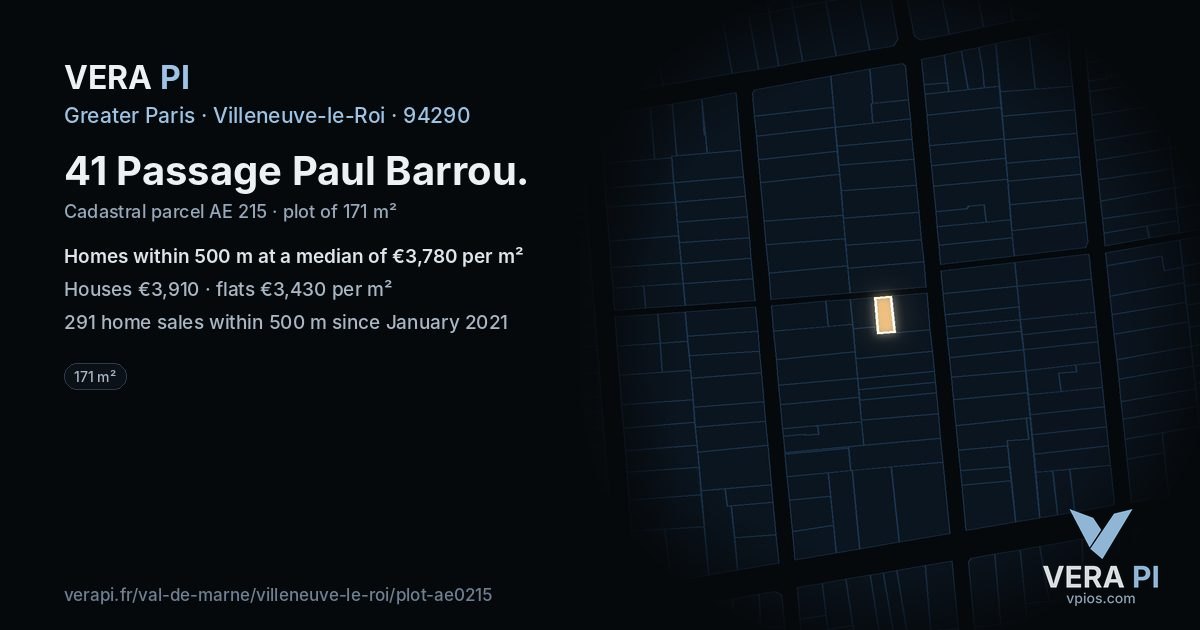41 Passage Paul Barrou, Villeneuve-le-Roi at night – the plot lit, the parcels around coloured by the prices near them