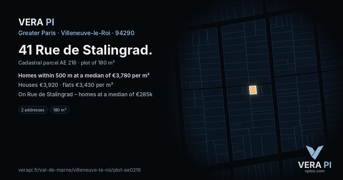 41 Rue de Stalingrad, Villeneuve-le-Roi at night – the plot lit, the parcels around coloured by the prices near them