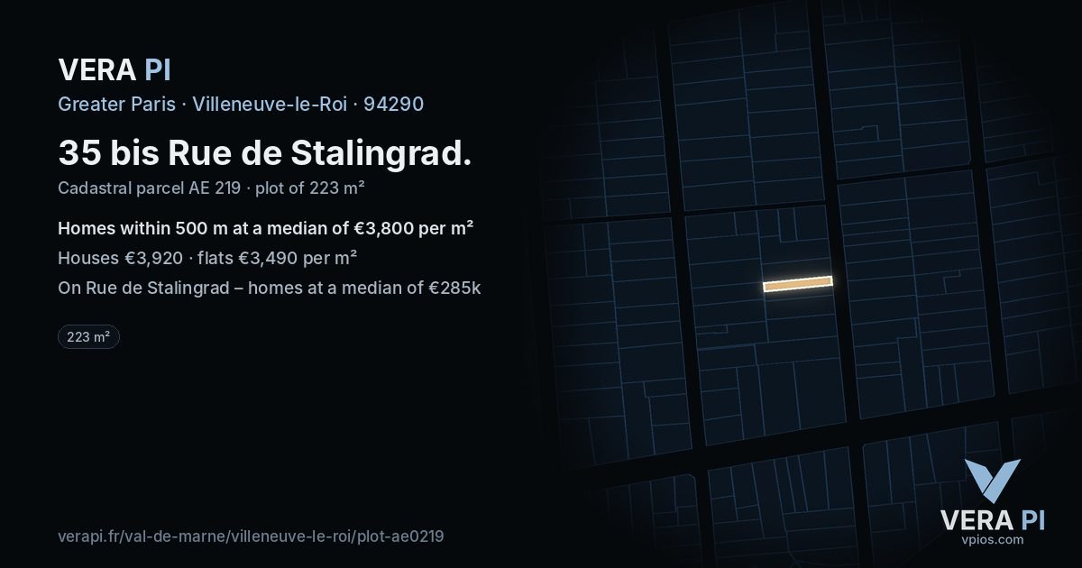 35 bis Rue de Stalingrad, Villeneuve-le-Roi at night – the plot lit, the parcels around coloured by the prices near them