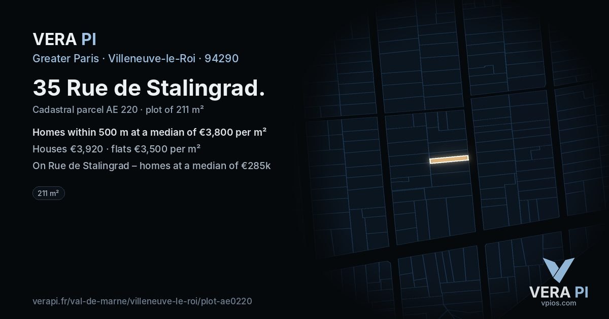 35 Rue de Stalingrad, Villeneuve-le-Roi at night – the plot lit, the parcels around coloured by the prices near them