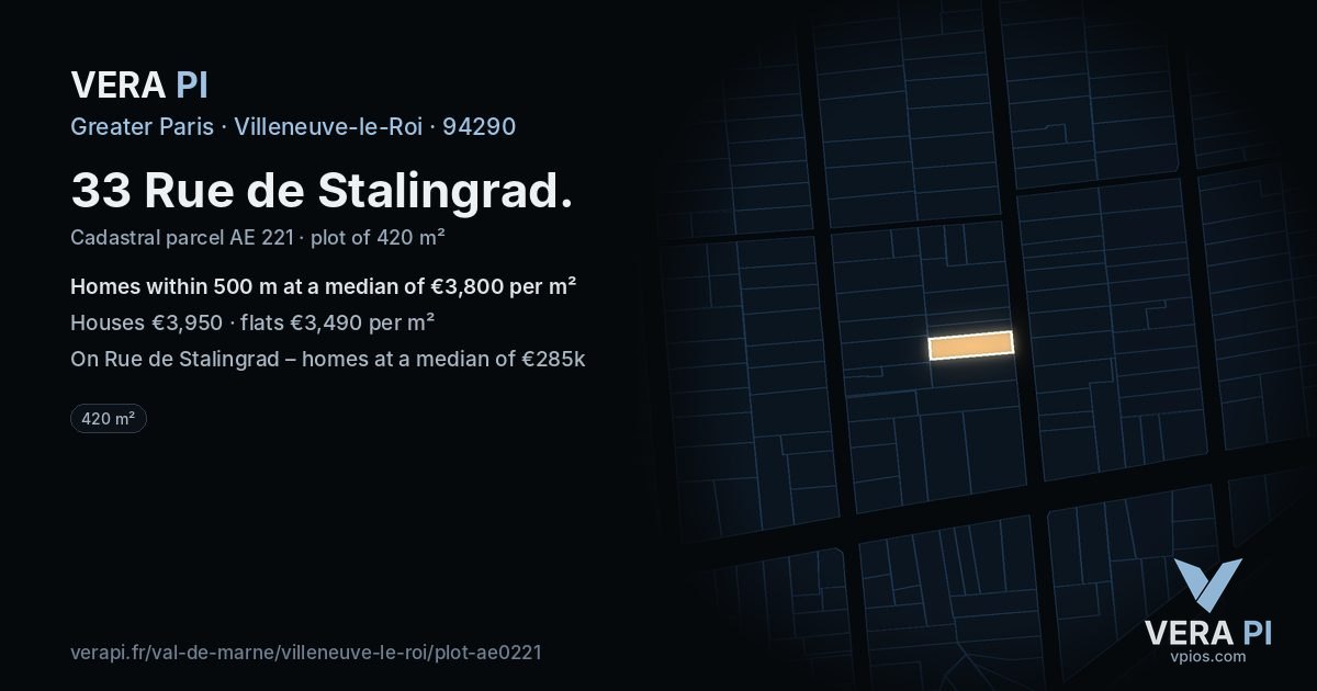 33 Rue de Stalingrad, Villeneuve-le-Roi at night – the plot lit, the parcels around coloured by the prices near them