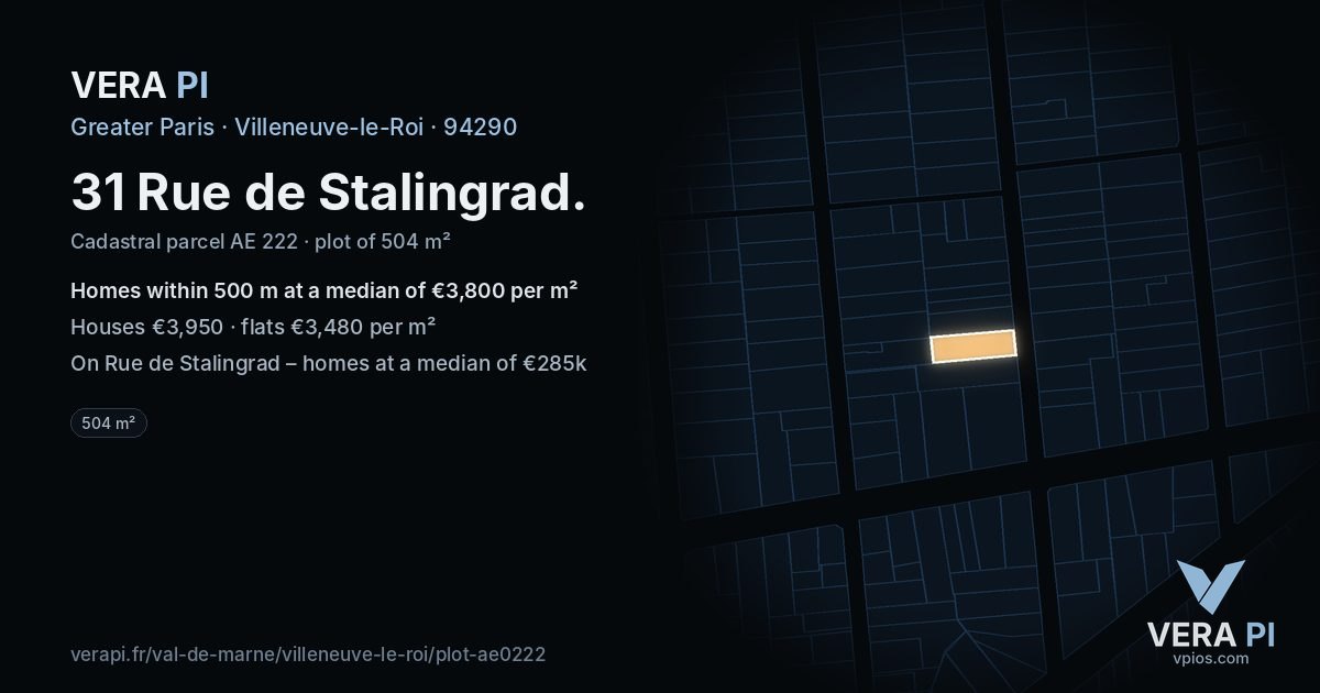 31 Rue de Stalingrad, Villeneuve-le-Roi at night – the plot lit, the parcels around coloured by the prices near them