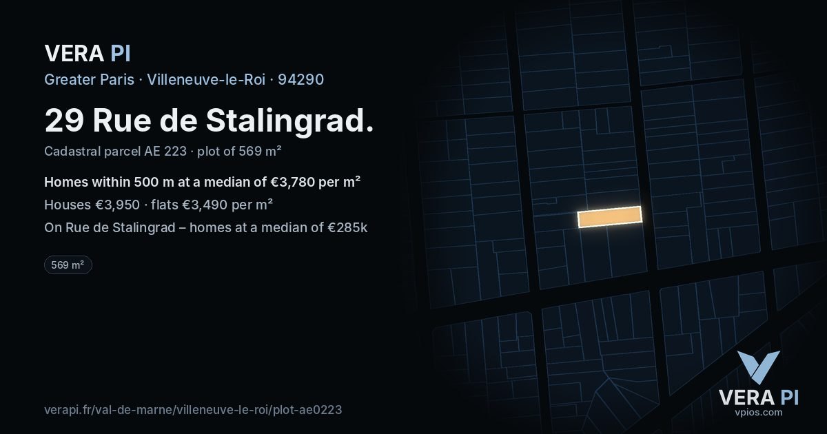29 Rue de Stalingrad, Villeneuve-le-Roi at night – the plot lit, the parcels around coloured by the prices near them