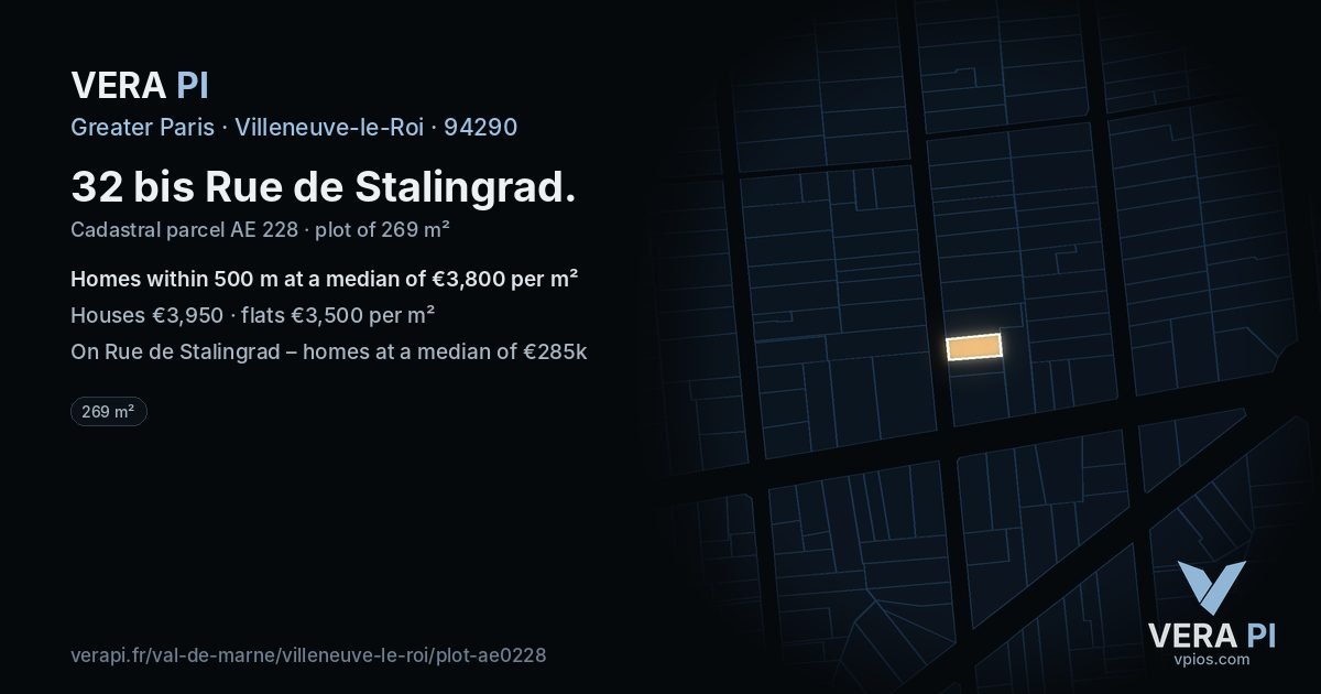 32 bis Rue de Stalingrad, Villeneuve-le-Roi at night – the plot lit, the parcels around coloured by the prices near them